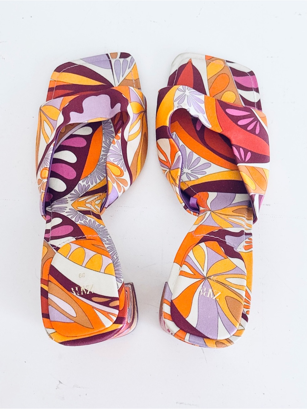 Zara Vibrant Floral Print Block Heel Square Toe Sandals Orange Purple, 39 (8.5) - Picture 6 of 10